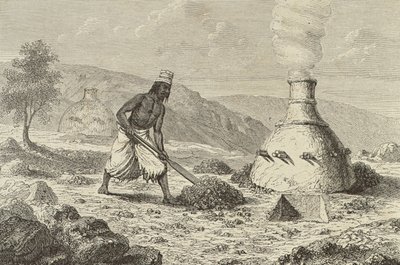 Inheemse ijzererts smelten in Fouta Djallon, Guinee, 1850s, uit `Le Tour du Monde